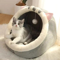 Soft Cat Bed with Ears & Pom-Pom | Cozy, Semi-Enclosed Pet Nest with Removable Cushion