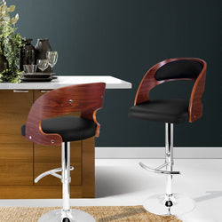 Artiss Wooden PU Leather Gas Lift Bar Stool - Black and Wood