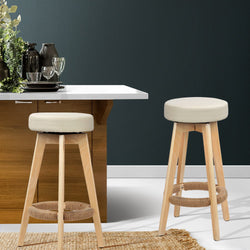 Artiss Set of 2 Bar Stools Wood Swivel PU Leather - Cream