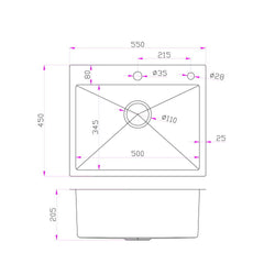 Cefito Kitchen Sink 55X45CM Stainless Steel Basin Single Bowl Extra Hole Silver