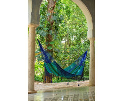 Outdoor undercover cotton Mayan Legacy hammock with hand crocheted tassels King Size Caribe